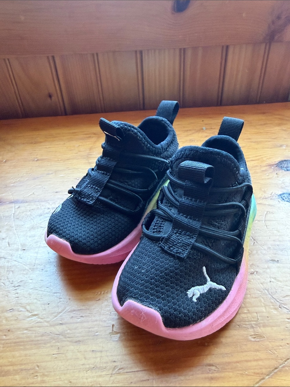 Puma Kids Black Knit Sneakers with Pink Sole and Green Accent